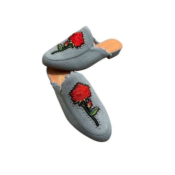 Yoki Shoes - Yoki Women's Blue Denim Mules Slip-On Rose Embroidery Size 5
